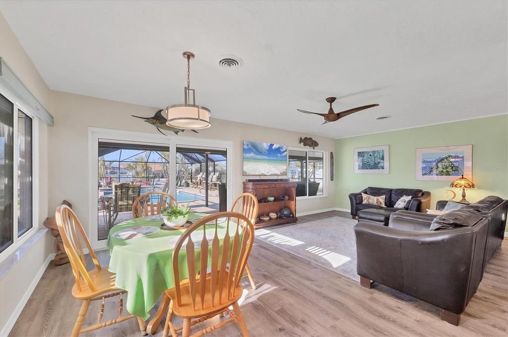 Dining room, Interior, Living room, Pendant Lights, Wood Texture Flooring