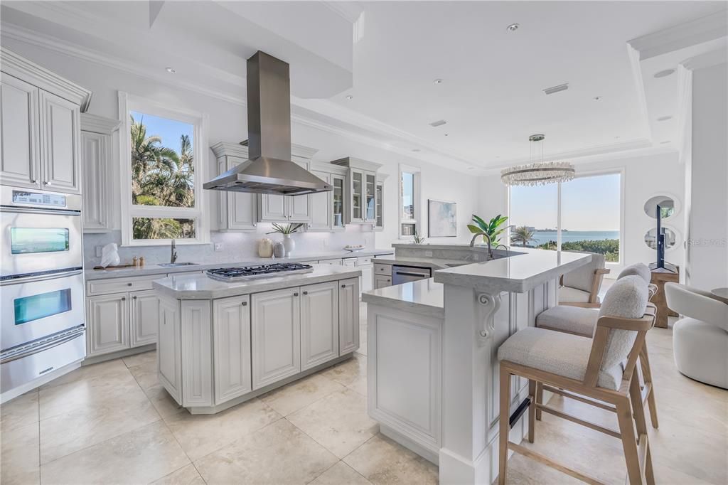 Chandelier, Interior, Kitchen, Recessed Lighting, Stainless Steel Appliances, Water