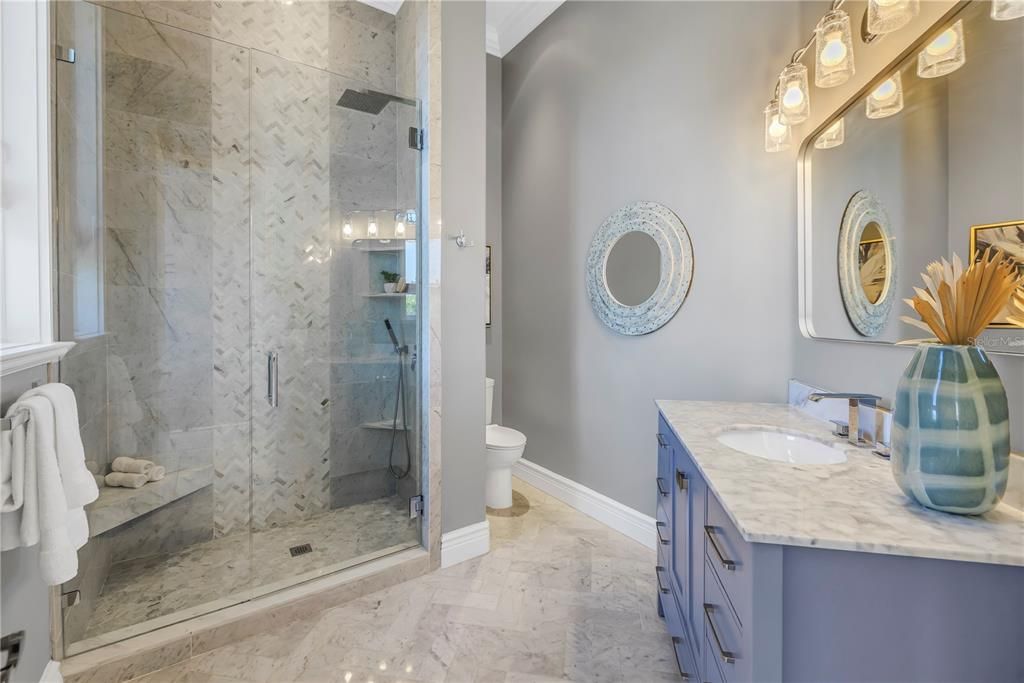 Bathroom, Dual Sink Vanities, Glass Shower, Interior, Marble, Marble Walls