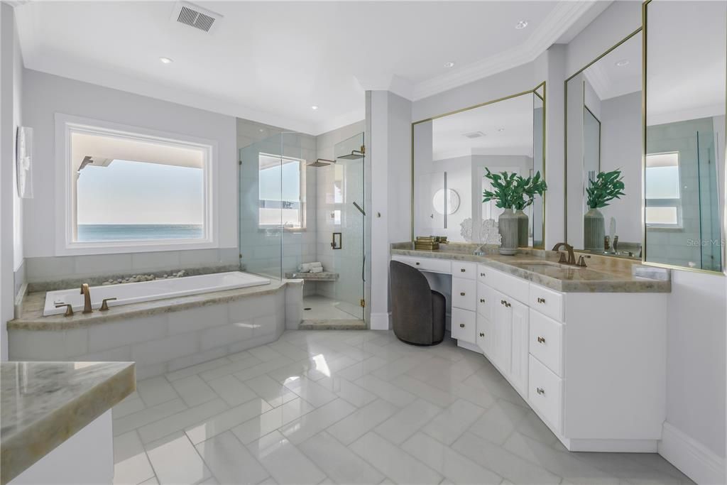 Bathroom, Dual Sink Vanities, Glass Shower, Interior, Recessed Lighting