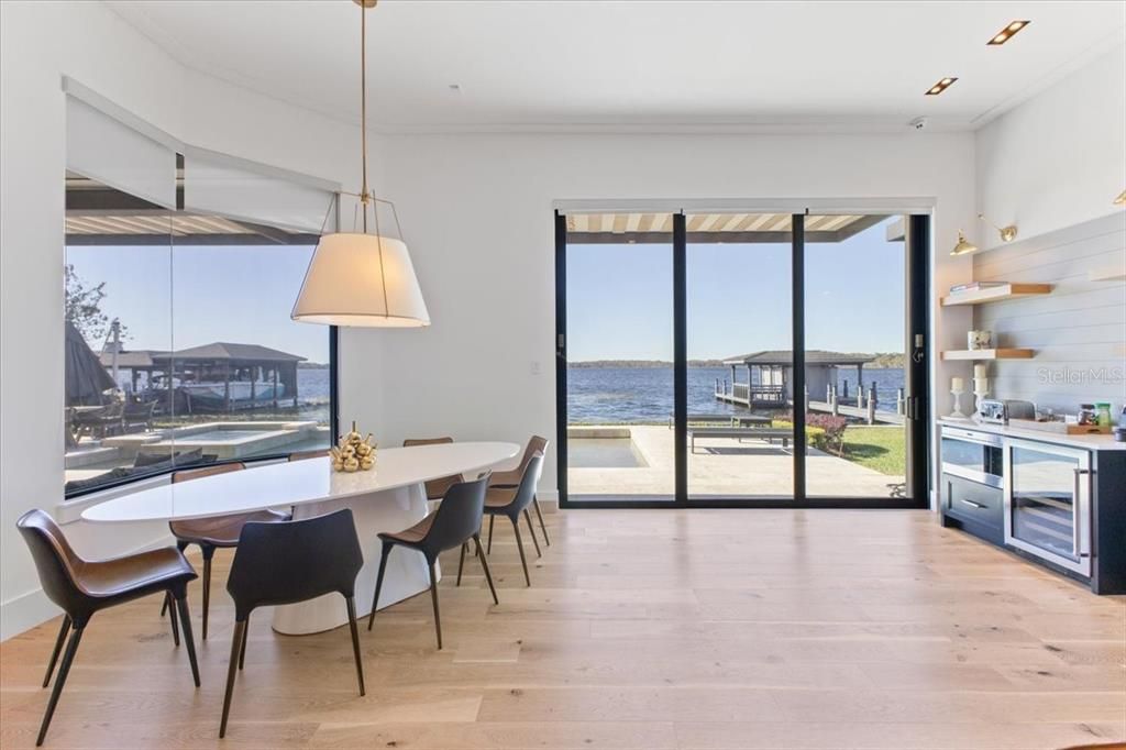 Dining room, Interior, Pendant Lights, Recessed Lighting, Water, Wood Texture Flooring