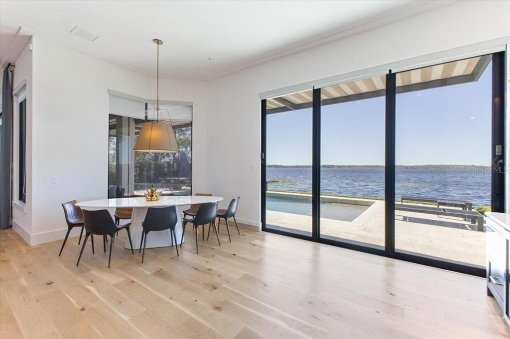 Dining room, Interior, Pendant Lights, Water, Wood Texture Flooring