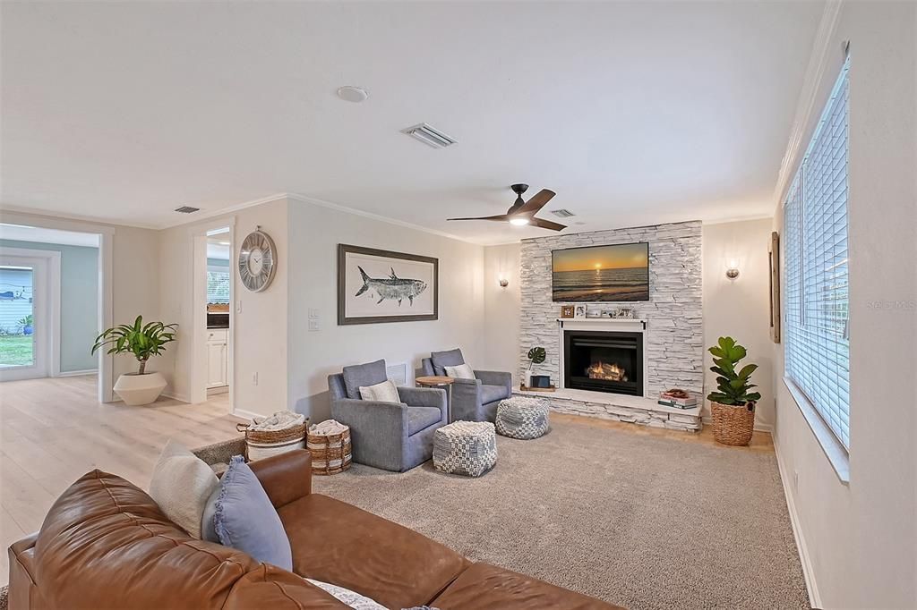 Fireplace, Interior, Living room, Stone Walls, Wood Texture Flooring