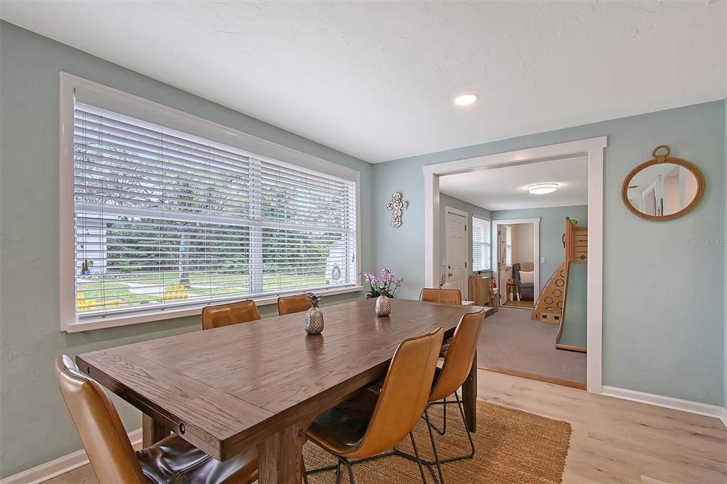 Dining room, Interior, Recessed Lighting, Wood Texture Flooring