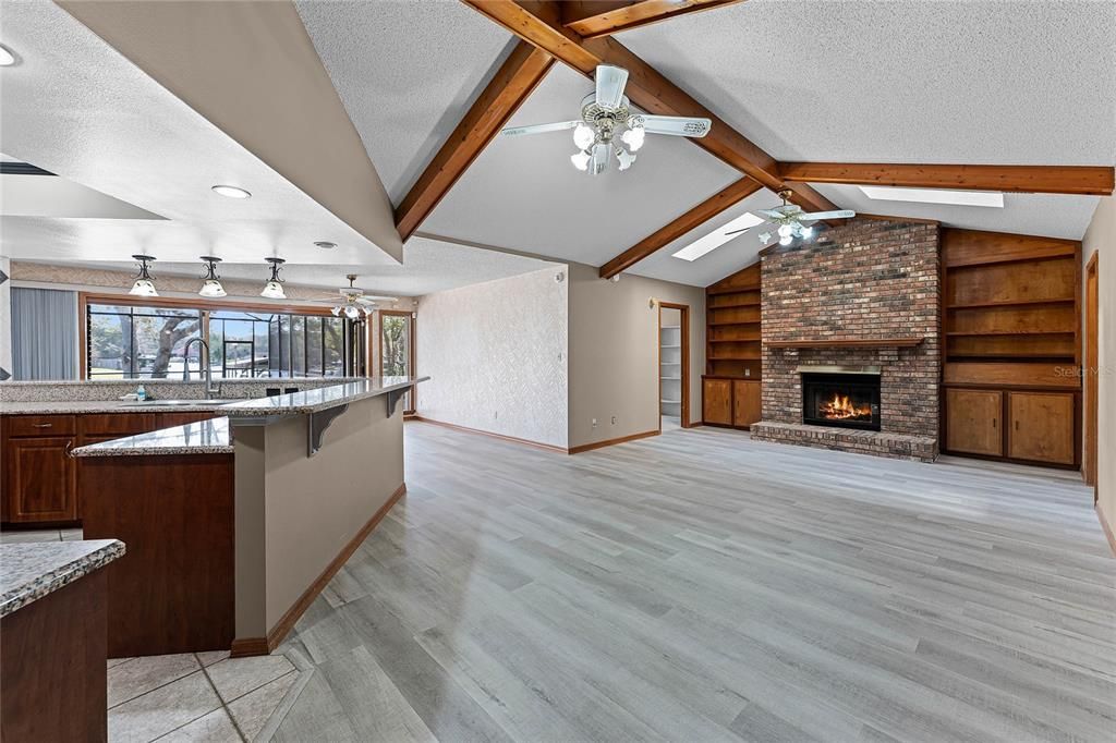 Fireplace, Interior, Recessed Lighting, Stone Walls, Wooden Beams, Wood Texture Flooring