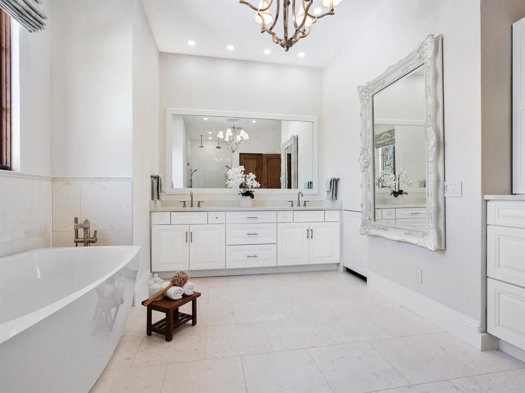 Bathroom, Chandelier, Dual Sink Vanities, Free Standing Baths, Interior, Recessed Lighting