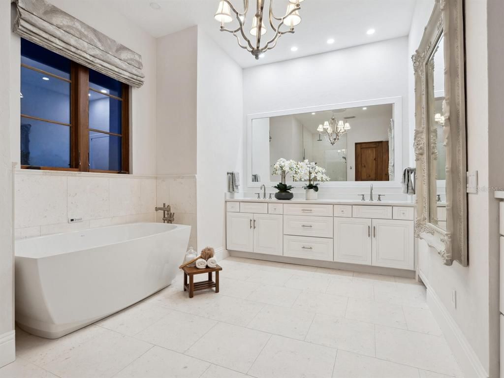 Bathroom, Chandelier, Dual Sink Vanities, Free Standing Baths, Interior, Recessed Lighting