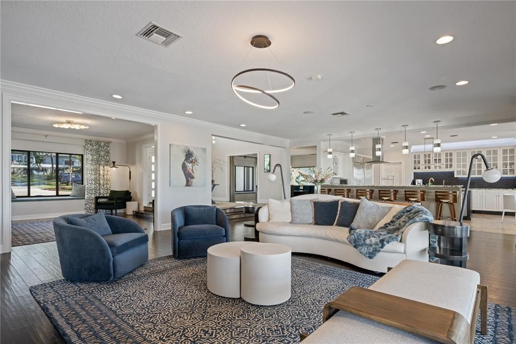 Interior, Kitchen, Living room, Pendant Lights, Recessed Lighting, Wood Texture Flooring