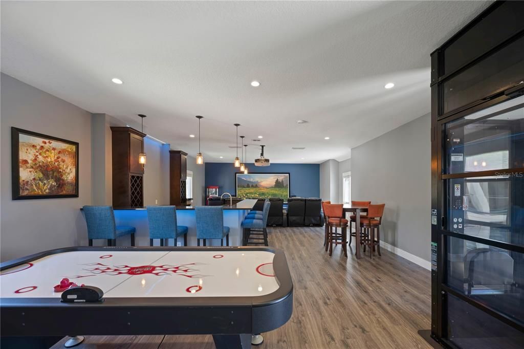 Billiard Table, Dining room, Game Room, Interior, Pendant Lights, Recessed Lighting, Wood Texture Flooring