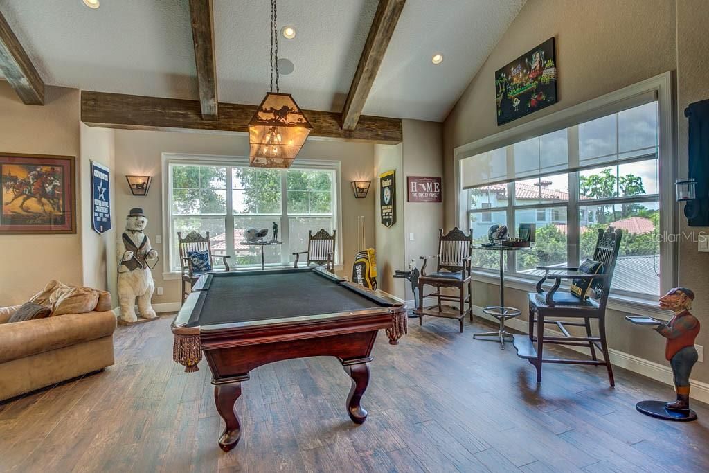 Billiard Table, Fitness Equipment, Game Room, Interior, Recessed Lighting, Wooden Beams, Wood Texture Flooring