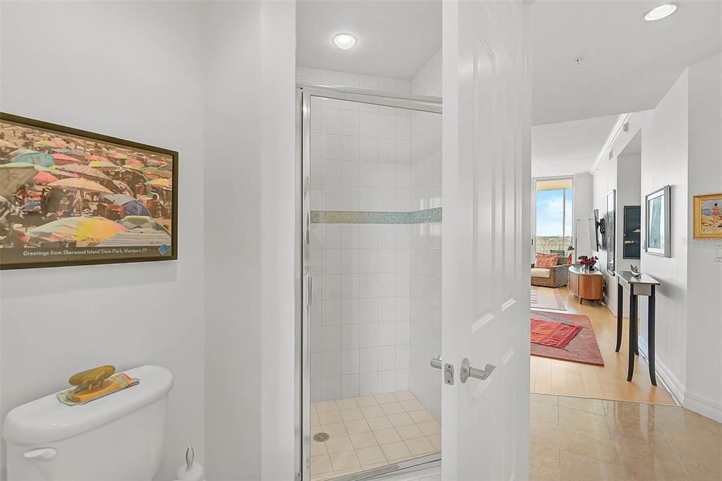 Bathroom, Glass Shower, Interior, Recessed Lighting, Wood Texture Flooring