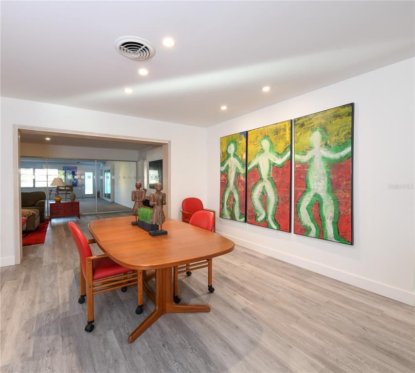 Dining room, Interior, Recessed Lighting, Wood Texture Flooring