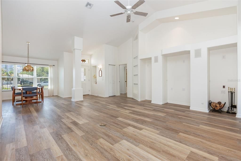 Dining room, Interior, Pendant Lights, Recessed Lighting, Wood Texture Flooring