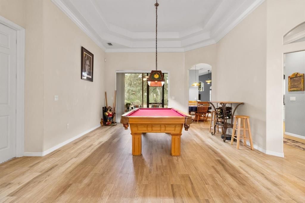 Billiard Table, Game Room, Interior, Pendant Lights, Wood Texture Flooring