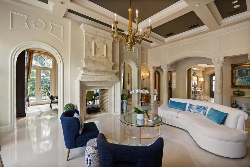 Chandelier, Fireplace, Interior, Living room, Recessed Lighting