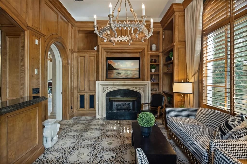 Chandelier, Fireplace, Interior, Living room, Wooden Walls