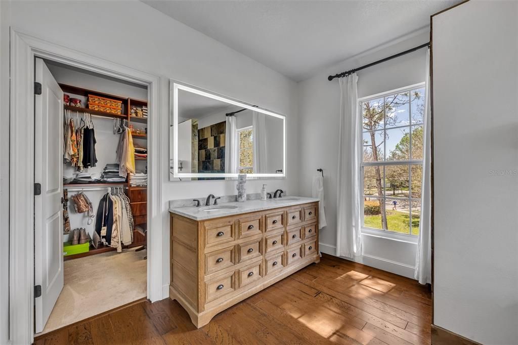 Bathroom, Dual Sink Vanities, Interior, Walk-in Closets, Wood Texture Flooring