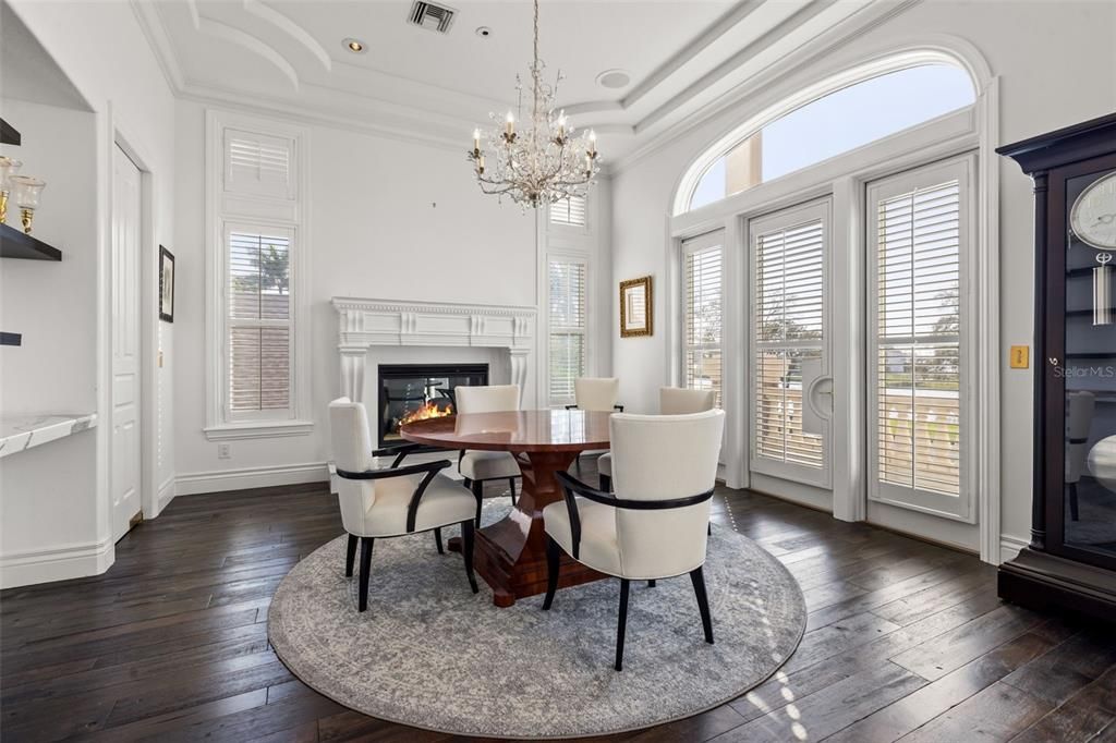 Chandelier, Dining room, Fireplace, Interior, Recessed Lighting, Wood Texture Flooring