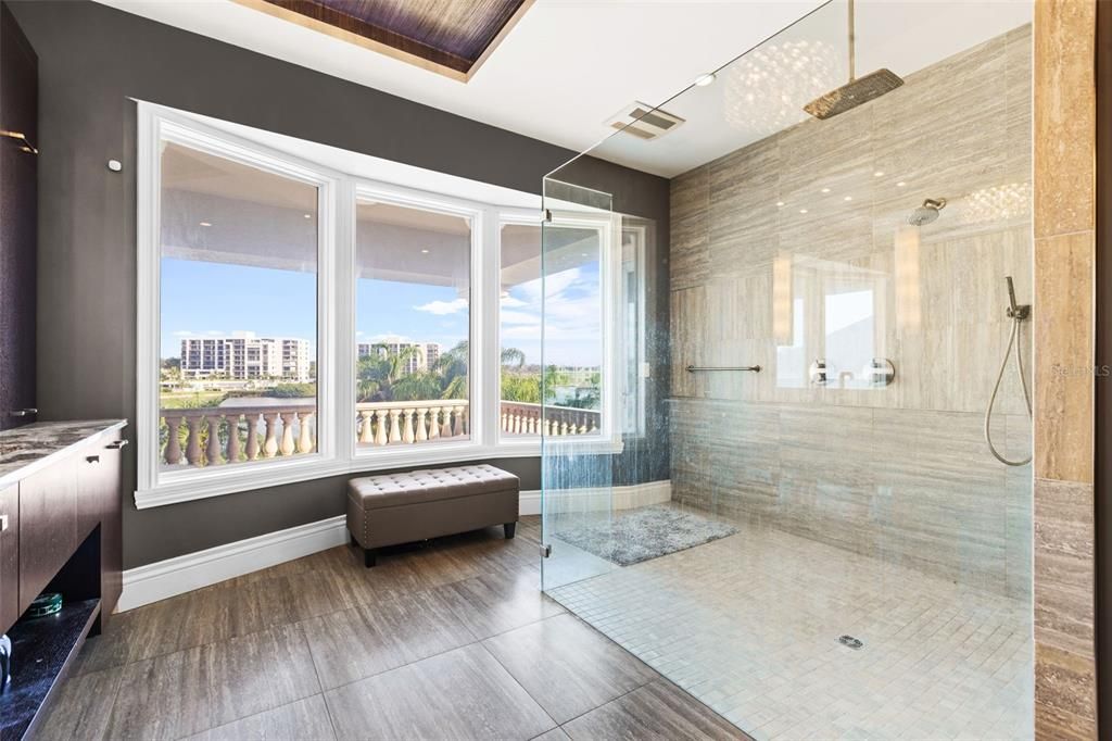 Bathroom, Glass Shower, Interior, Recessed Lighting, Wood Texture Flooring