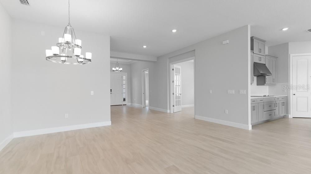 Chandelier, Empty room, Interior, Recessed Lighting, Wood Texture Flooring
