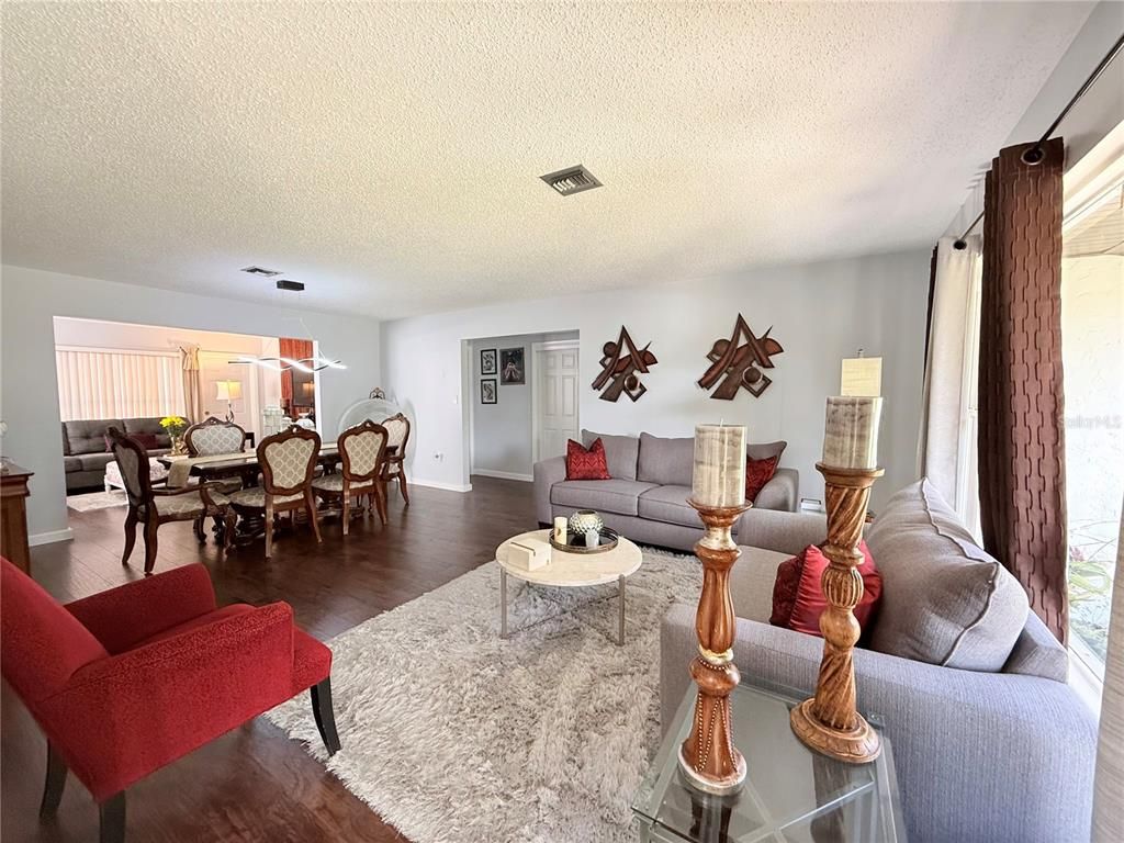 Dining room, Interior, Living room, Pendant Lights, Wood Texture Flooring
