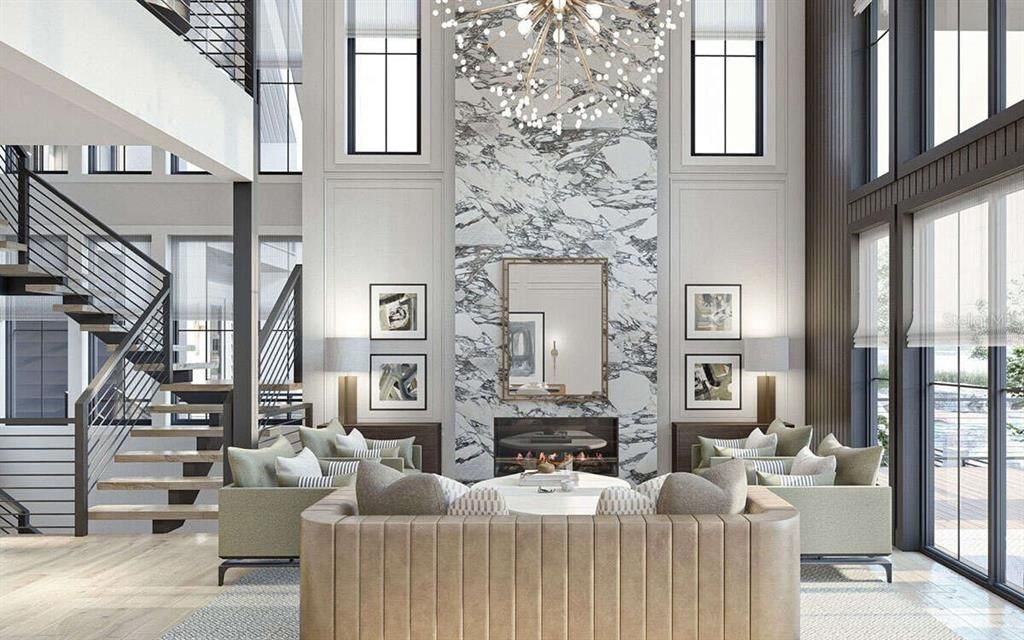 Fireplace, Interior, Living room, Marble Walls, Pendant Lights
