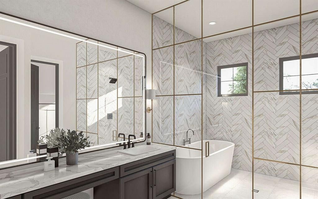 Bathroom, Dual Sink Vanities, Free Standing Baths, Glass Shower, Interior, Marble Walls, Recessed Lighting