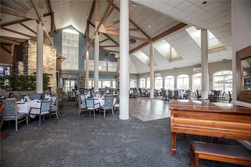 Dining room, Interior, Piano, Recessed Lighting, Wooden Beams, Wood Texture Flooring