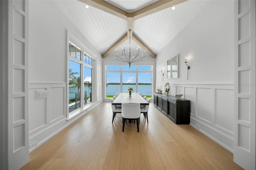 Dining room, Interior, Pendant Lights, Recessed Lighting, Water, Wood Texture Flooring