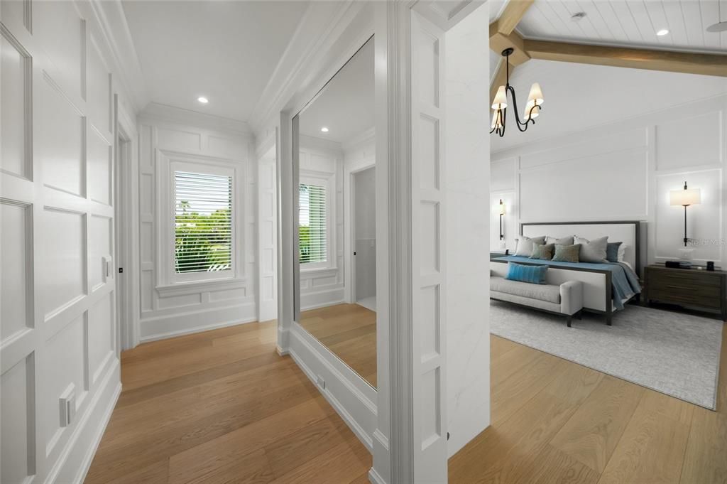Bedroom, Chandelier, Interior, Recessed Lighting, Wooden Beams, Wood Texture Flooring