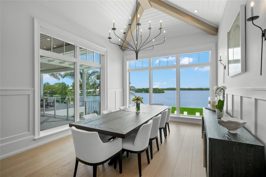 Chandelier, Dining room, Interior, Recessed Lighting, Water, Wooden Beams, Wood Texture Flooring