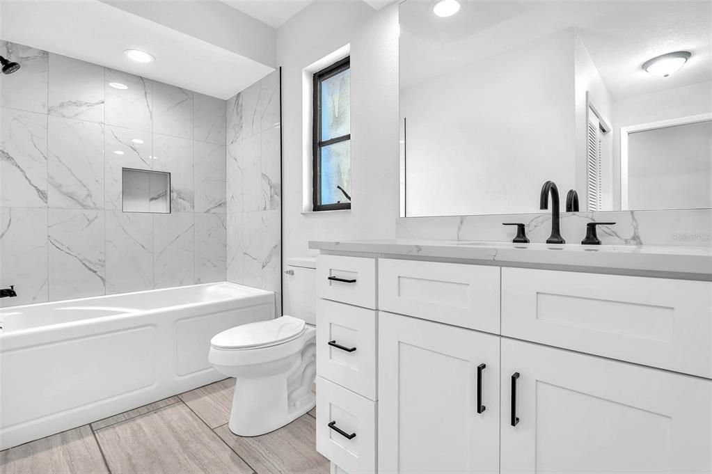 Bathroom, Interior, Marble Walls, Recessed Lighting, Wood Texture Flooring