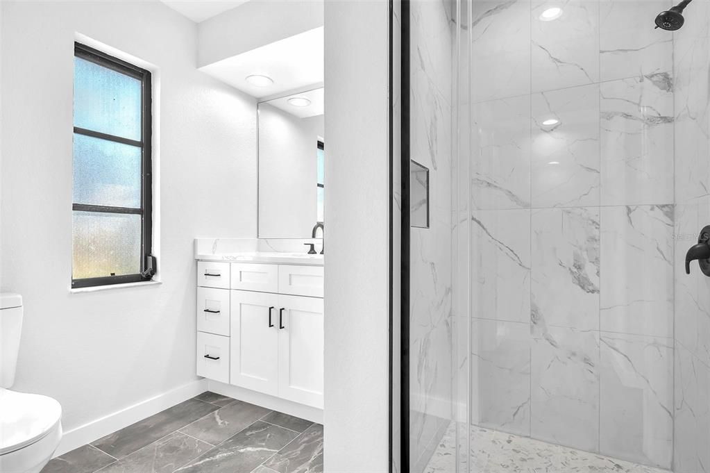 Bathroom, Glass Shower, Interior, Marble Walls, Recessed Lighting