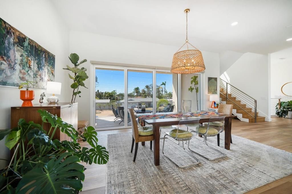 Dining room, Interior, Pendant Lights, Recessed Lighting, Wood Texture Flooring
