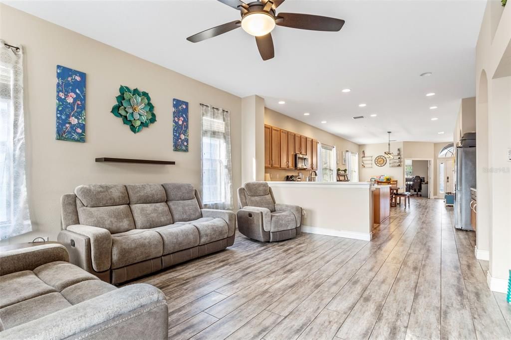 Interior, Kitchen, Living room, Pendant Lights, Recessed Lighting, Wood Texture Flooring