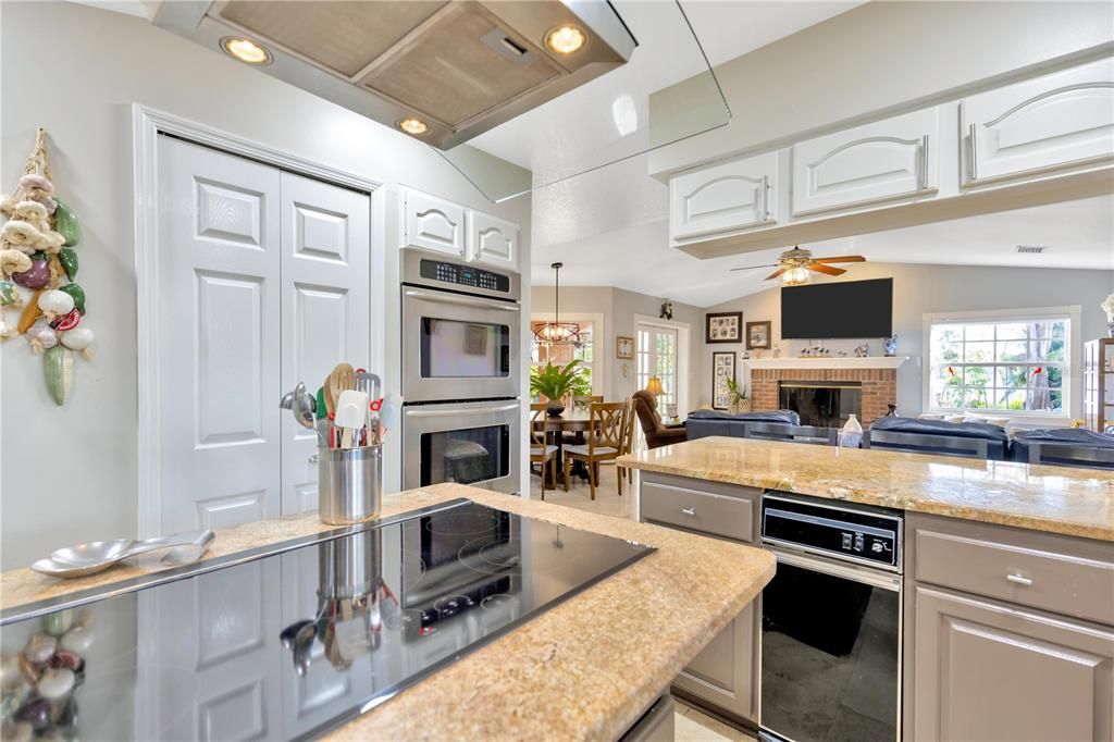 Dining room, Fireplace, Interior, Kitchen, Pendant Lights, Recessed Lighting, Stainless Steel Appliances