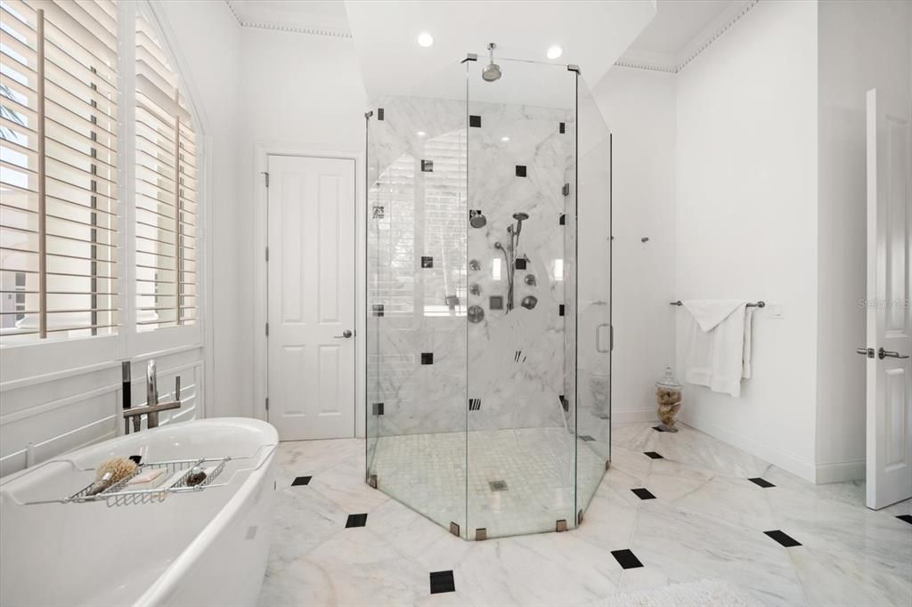 Bathroom, Glass Shower, Interior, Marble, Marble Walls, Recessed Lighting