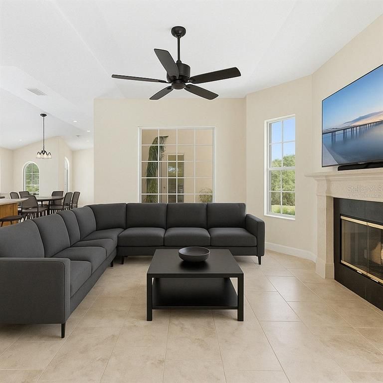Dining room, Fireplace, Interior, Living room, Pendant Lights, Recessed Lighting