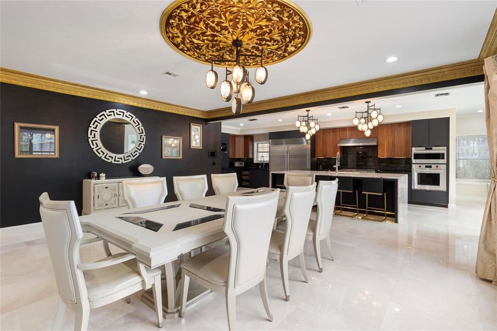 Chandelier, Dining room, Interior, Kitchen, Pendant Lights, Recessed Lighting, Stainless Steel Appliances