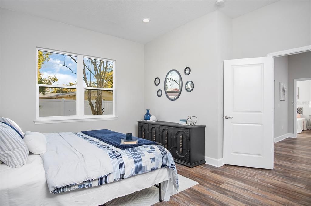 Bedroom, Interior, Recessed Lighting, Wood Texture Flooring