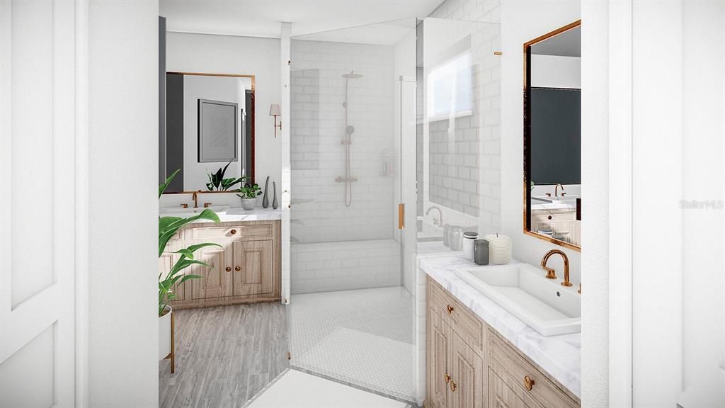 Bathroom, Dual Sink Vanities, Glass Shower, Interior