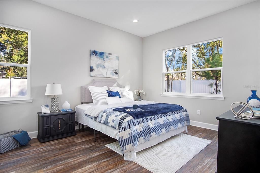 Bedroom, Interior, Recessed Lighting, Wood Texture Flooring