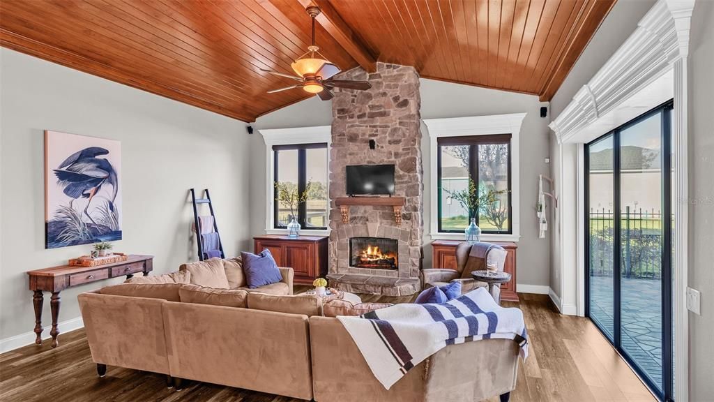 Fireplace, Interior, Living room, Stone Walls, Wooden Ceilings, Wood Texture Flooring