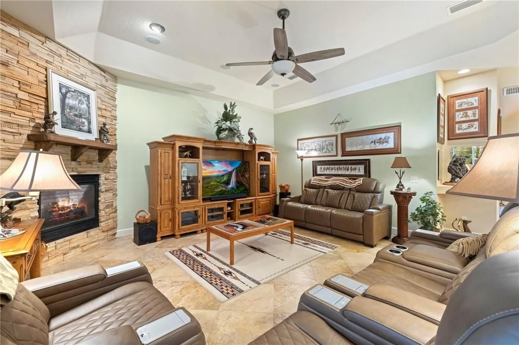 Fireplace, Interior, Living room, Recessed Lighting, Stone Walls