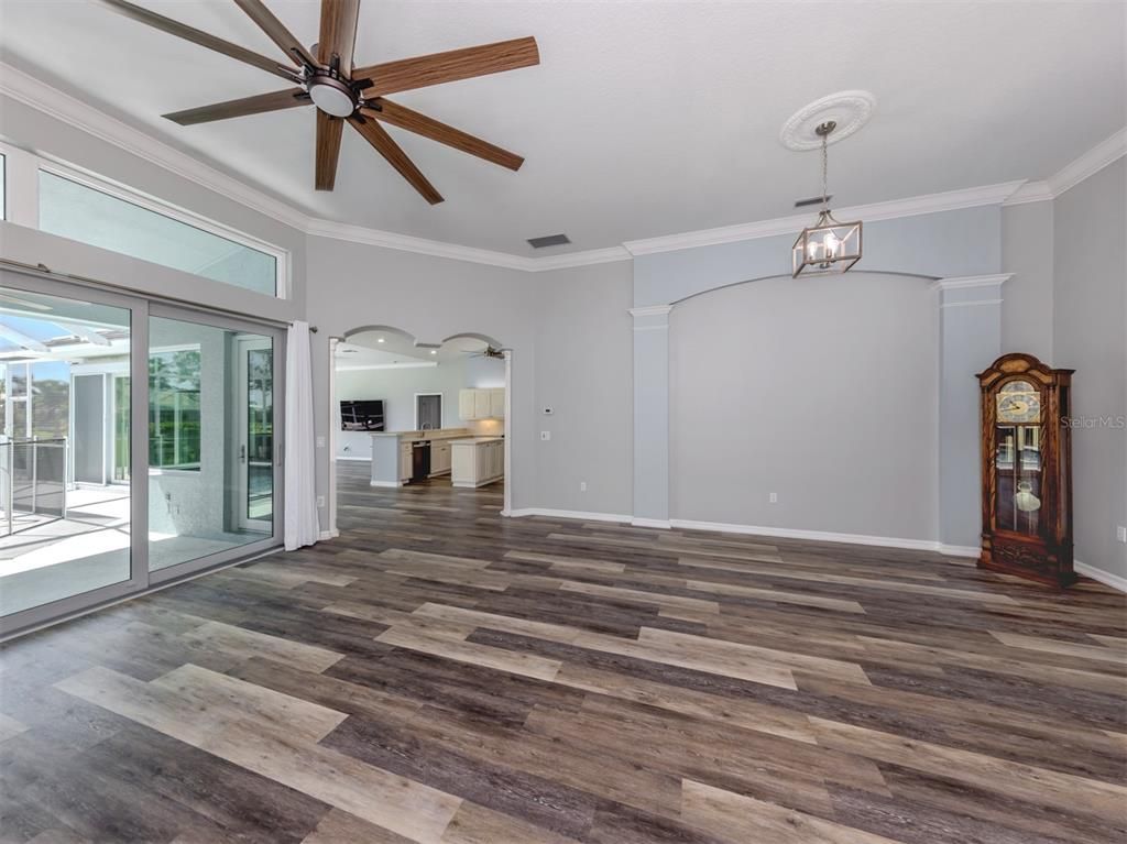 Empty room, Interior, Kitchen, Pendant Lights, Wood Texture Flooring