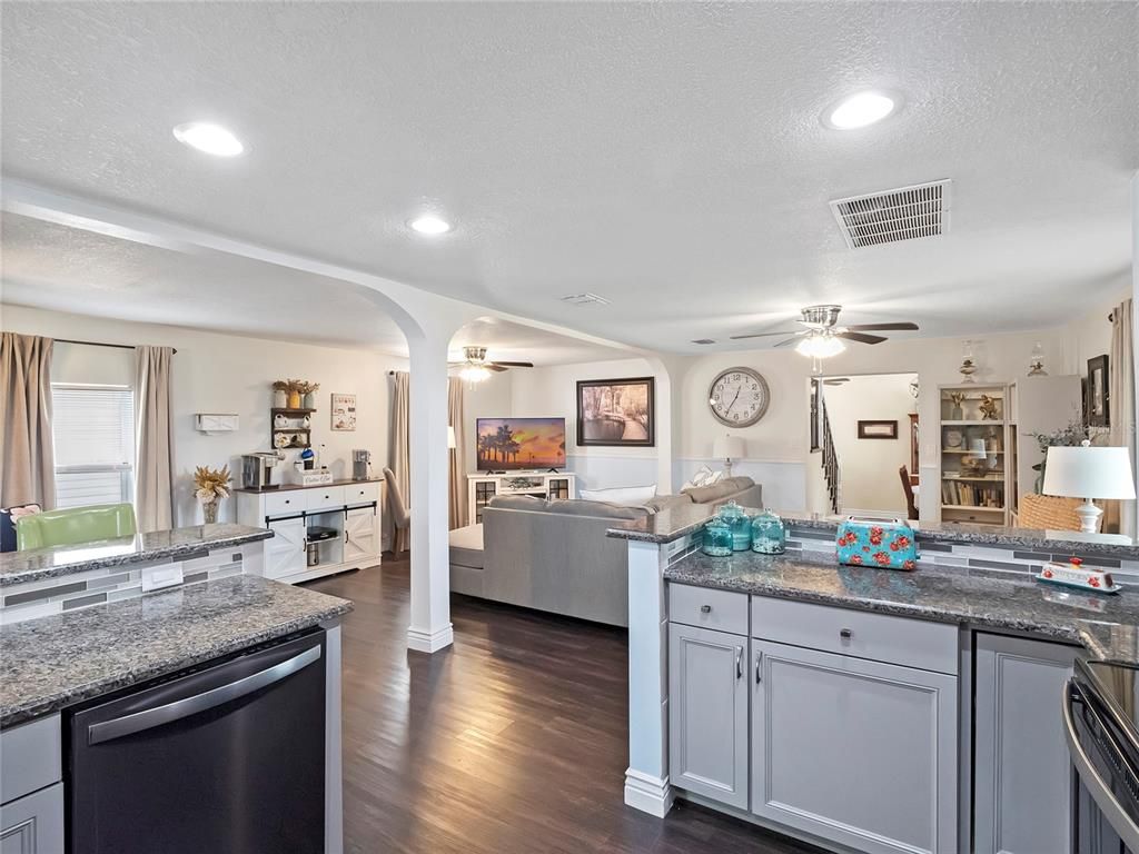 Interior, Kitchen, Living room, Recessed Lighting, Wood Texture Flooring