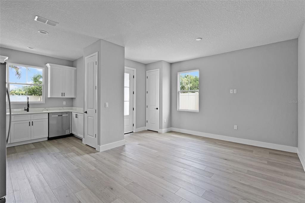 Empty room, Interior, Kitchen, Recessed Lighting, Wood Texture Flooring