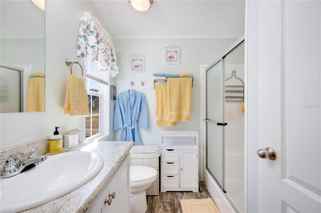 Bathroom, Glass Shower, Interior, Wood Texture Flooring