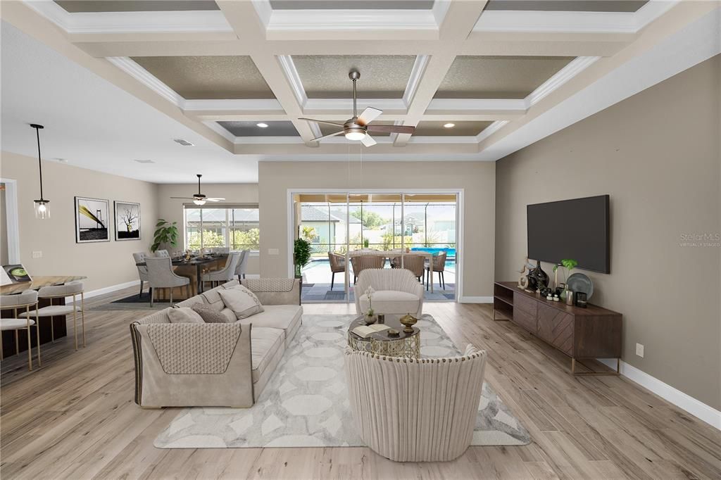 Dining room, Interior, Living room, Pendant Lights, Recessed Lighting, Wood Texture Flooring
