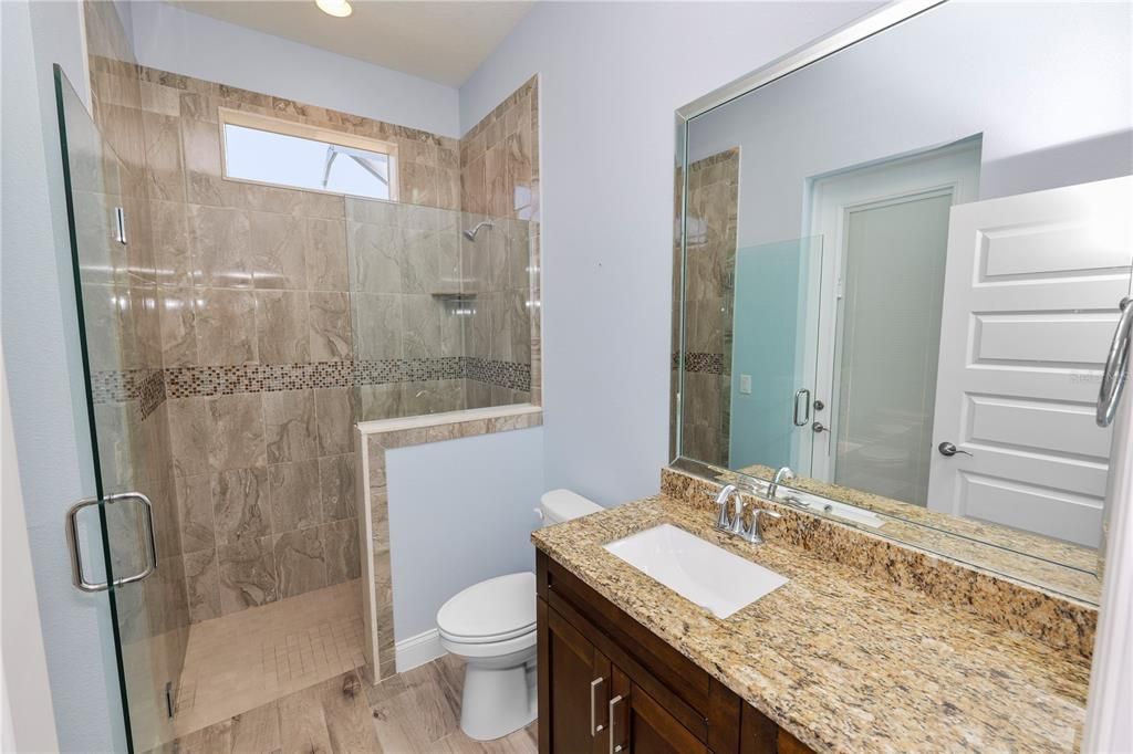 Bathroom, Glass Shower, Interior, Recessed Lighting, Wood Texture Flooring